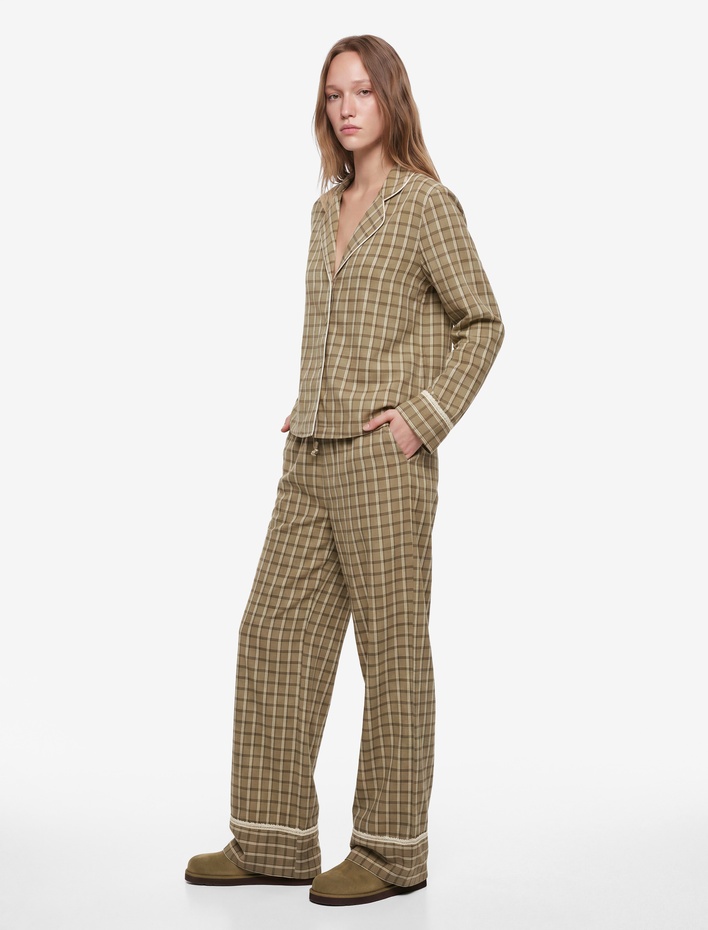  Rahat Kesim Uzun Kollu Ekoseli Gömlek Pijama Üstü