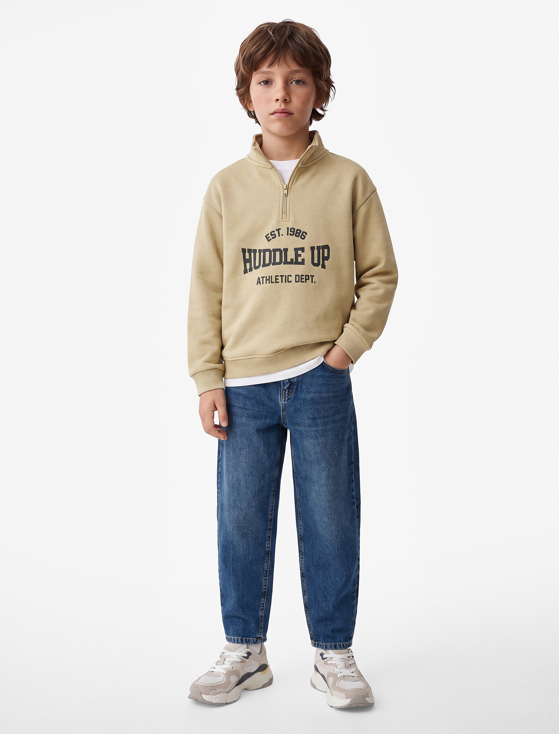  Erkek Çocuk Yarım Fermuarlı Şardonlu Uzun Kollu Dik Yaka Oversize Sweatshirt