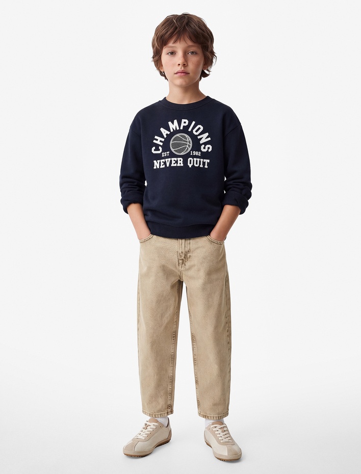 Erkek Çocuk Basketbol Baskılı Bisiklet Yaka Şardonlu Uzun Kollu Sweatshirt