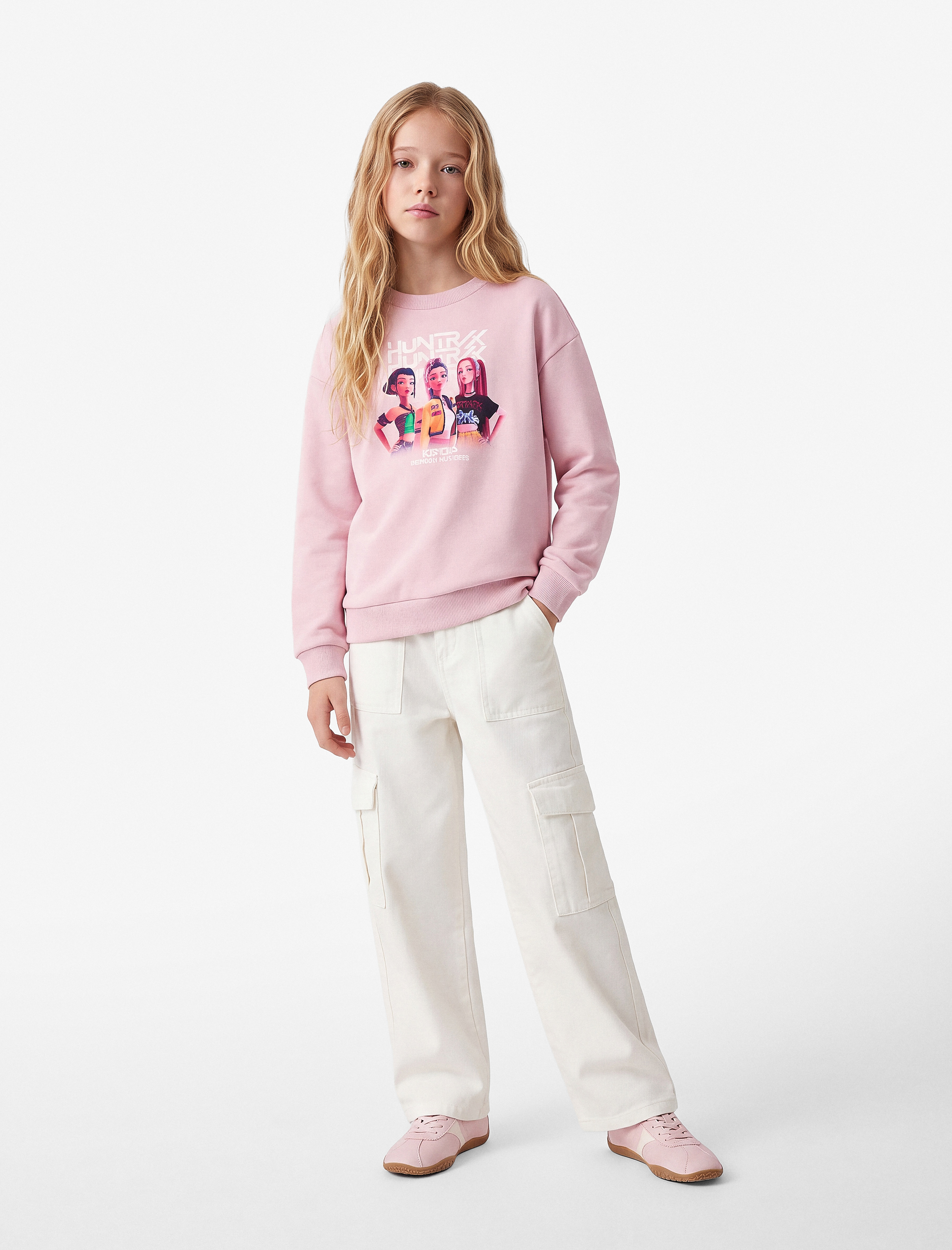  Kız Çocuk KPop Demon Hunters Baskılı Şardonlu Bisiklet Yaka Uzun Kollu Lisanslı Sweatshirt