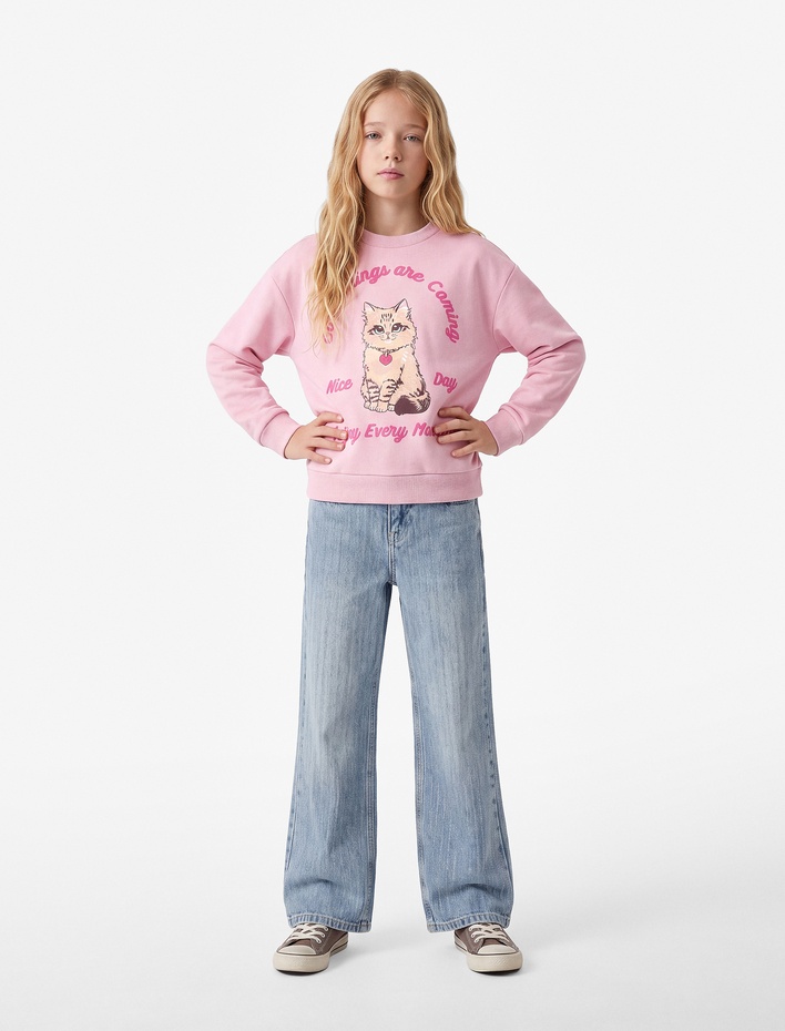 Kız Çocuk Kedi Baskılı Şardonlu Bisiklet Yaka Uzun Kollu Sweatshirt