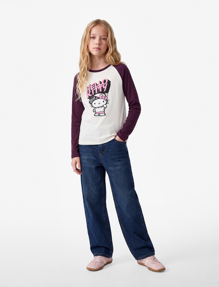 Kız Çocuk Hello Kitty Baskılı Pamuklu Kaşkorse Bisiklet Yaka Uzun Kollu Lisanslı Crop Tişört