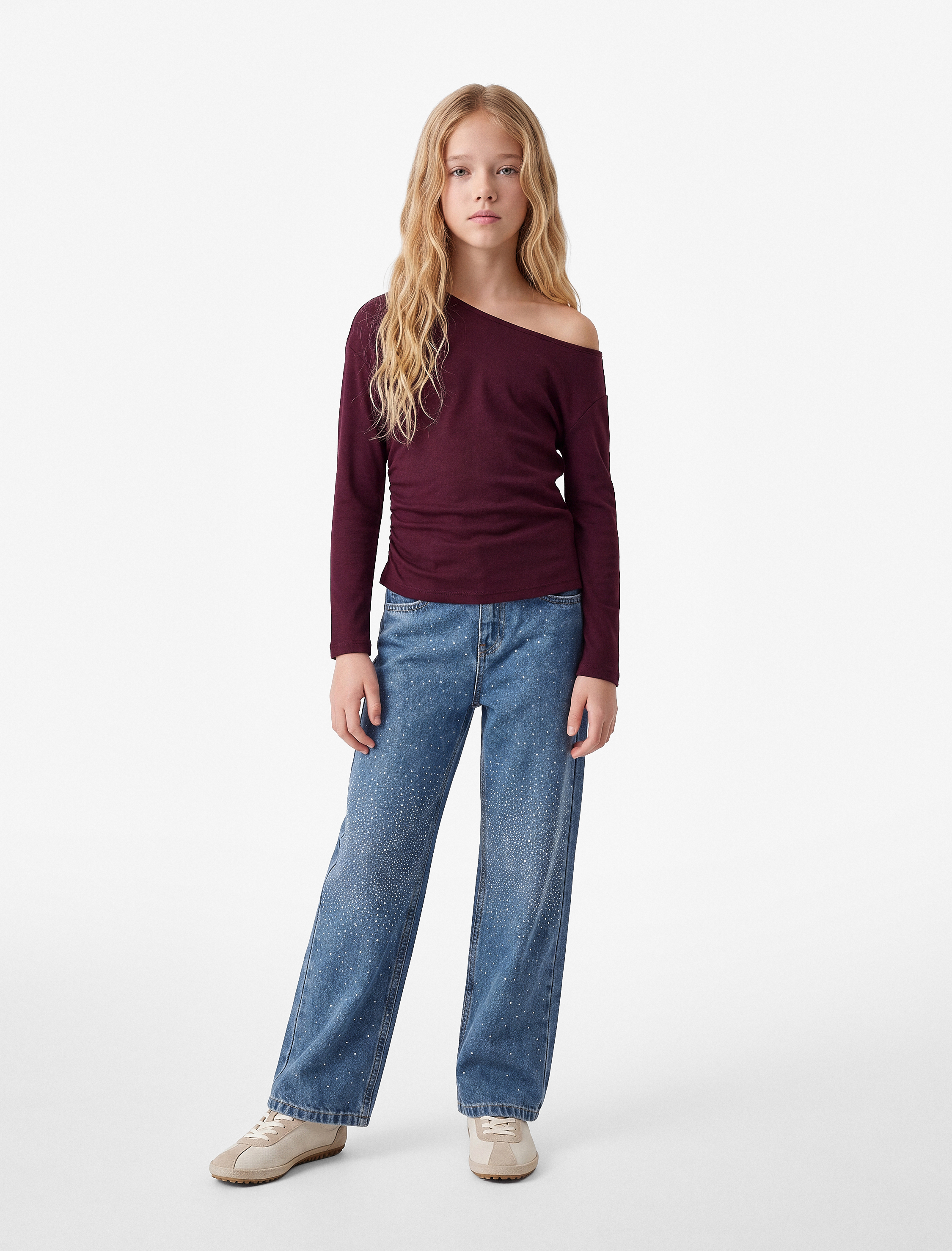  Kız Çocuk Büzgülü Slim Fit Asimetrik Yaka Uzun Kollu Tişört