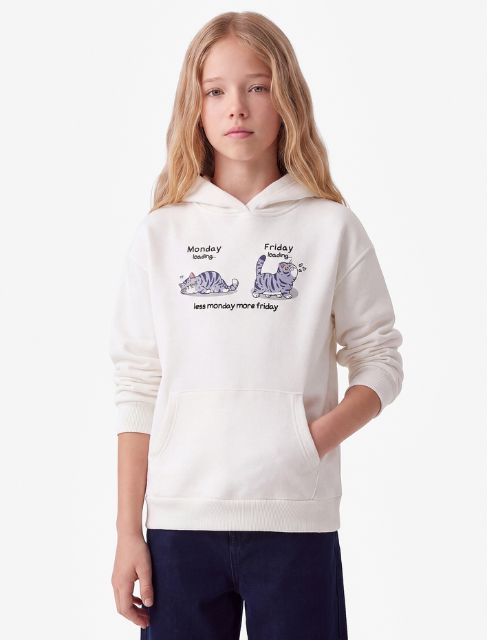 Kız Çocuk Kedi Baskılı Şardonlu Cepli Uzun Kollu Kapşonlu Sweatshirt