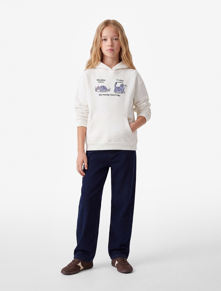 Kız Çocuk Kedi Baskılı Şardonlu Cepli Uzun Kollu Kapşonlu Sweatshirt