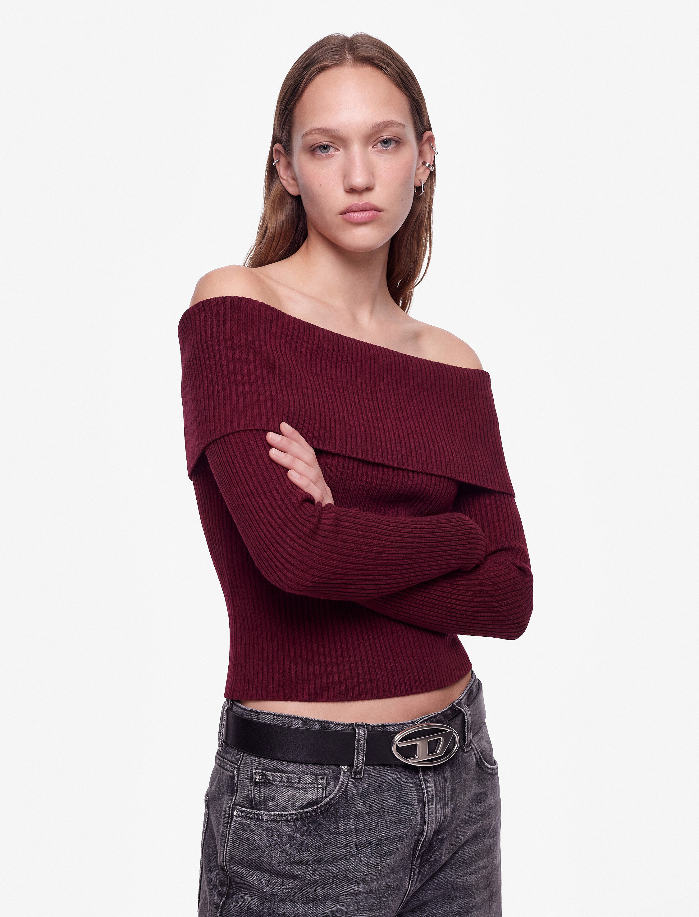   Slim Fit Uzun Kollu Madonna Yaka Triko Omzu Açık Kazak
