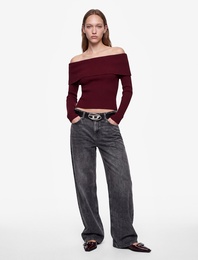 Slim Fit Uzun Kollu Madonna Yaka Triko Omzu Açık Kazak