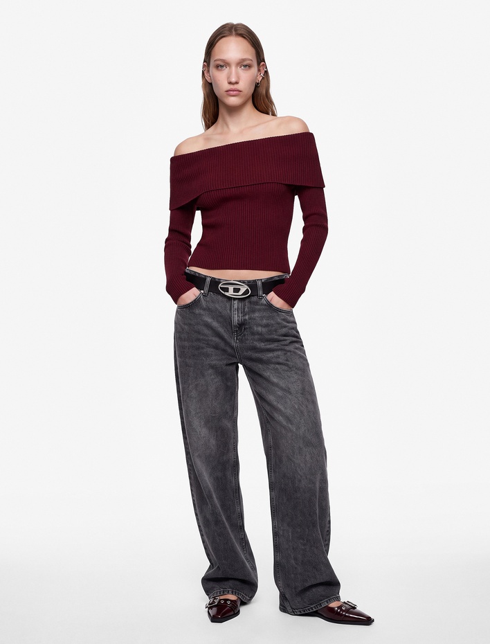  Slim Fit Uzun Kollu Madonna Yaka Triko Omzu Açık Kazak