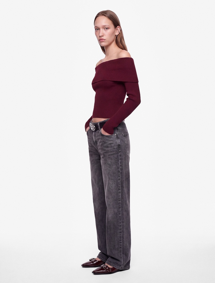  Slim Fit Uzun Kollu Madonna Yaka Triko Omzu Açık Kazak