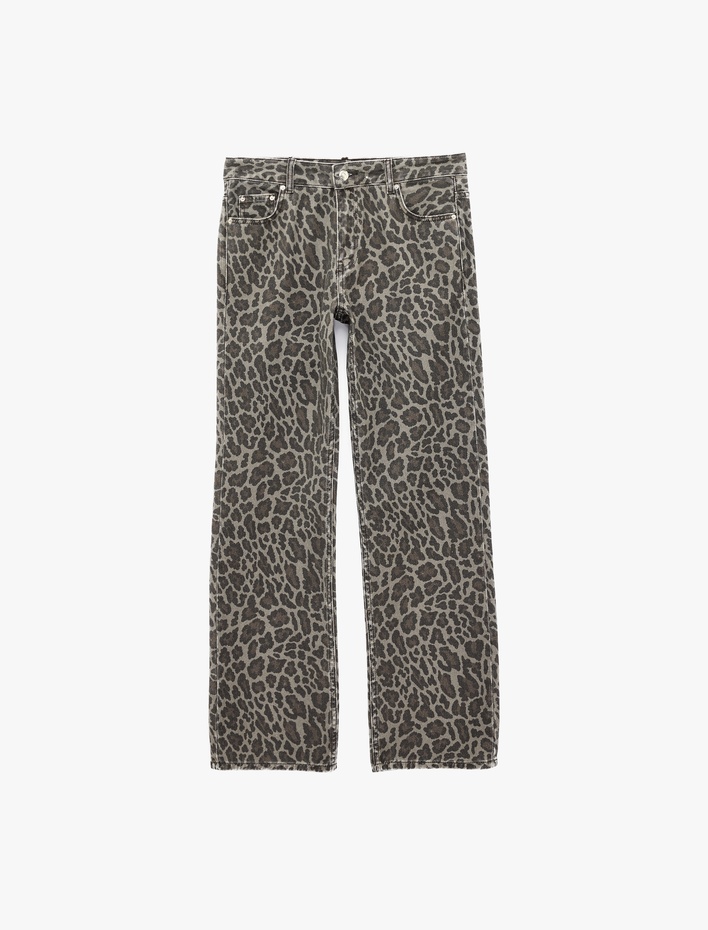  Düşük Bel Cepli Pamuklu Uzun Düz Kesim Leopar Pantolon - Longer Straight Fit Jeans