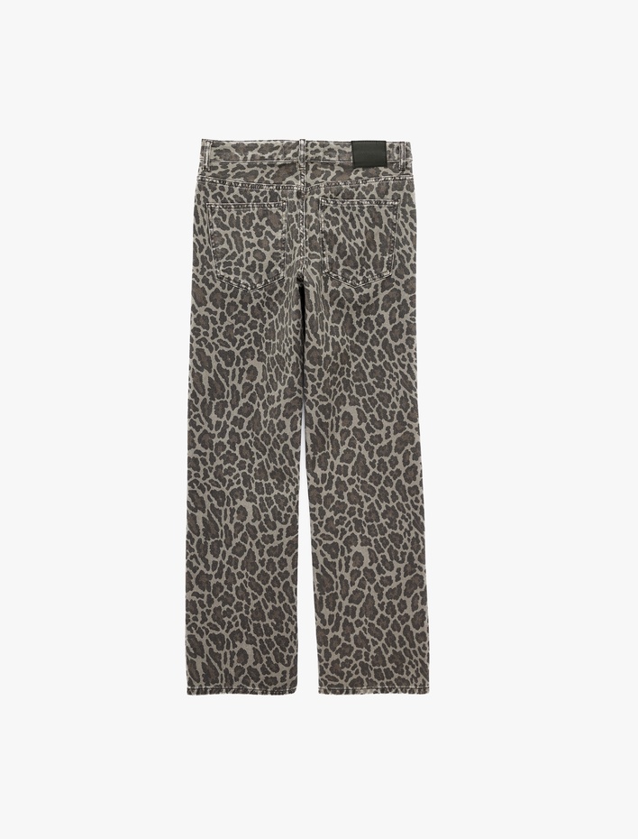  Düşük Bel Cepli Pamuklu Uzun Düz Kesim Leopar Pantolon - Longer Straight Fit Jeans
