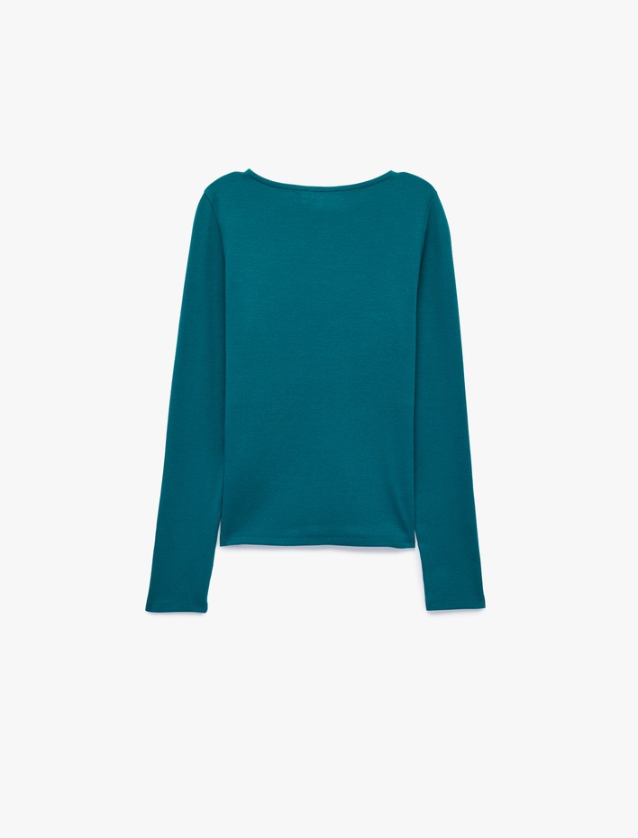  Slim Fit Pamuklu Kayık Yaka Uzun Kollu Basic Bluz