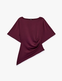 Slim Fit Bisiklet Yaka Kısa Kollu Drapeli Asimetrik Tişört