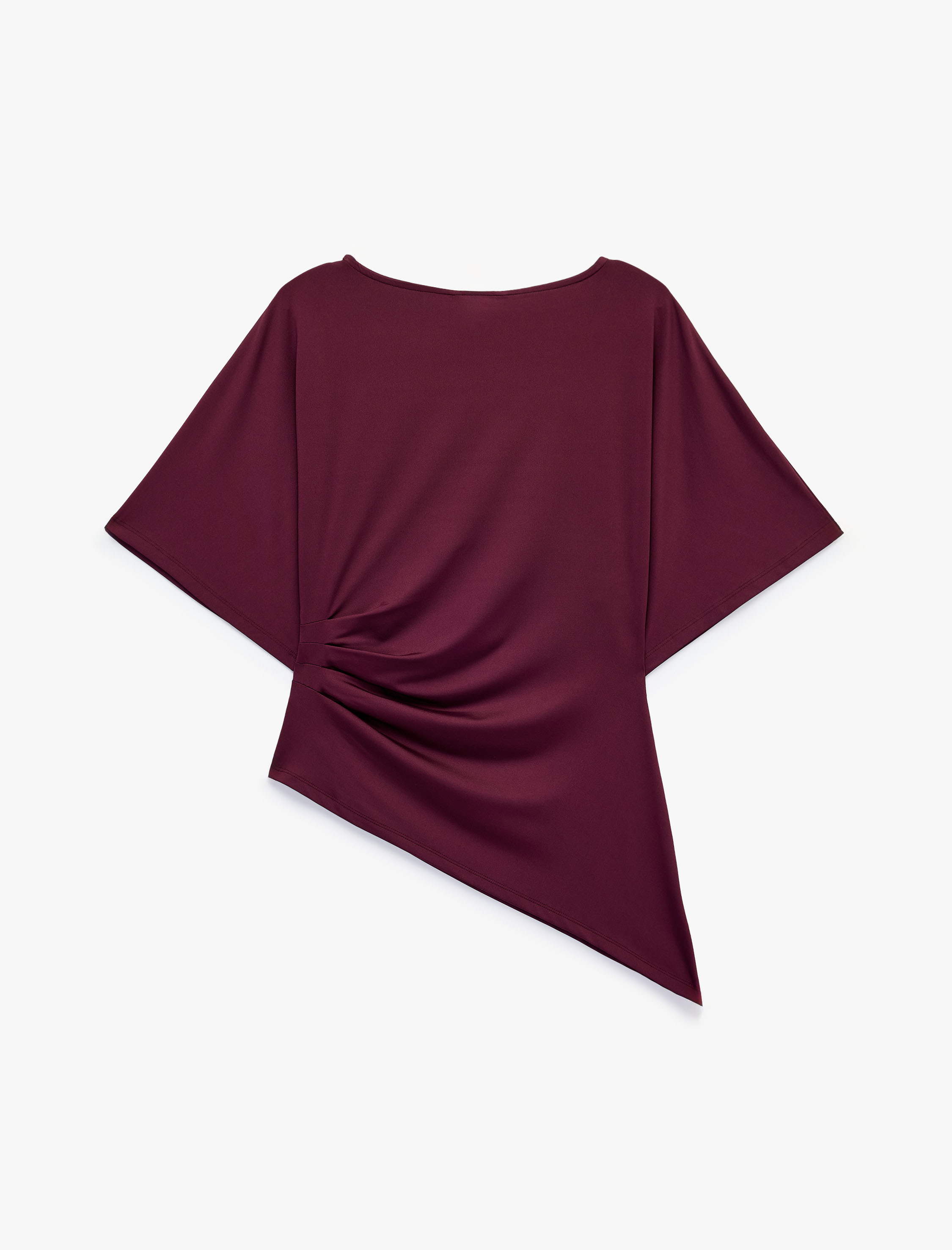   Slim Fit Bisiklet Yaka Kısa Kollu Drapeli Asimetrik Tişört