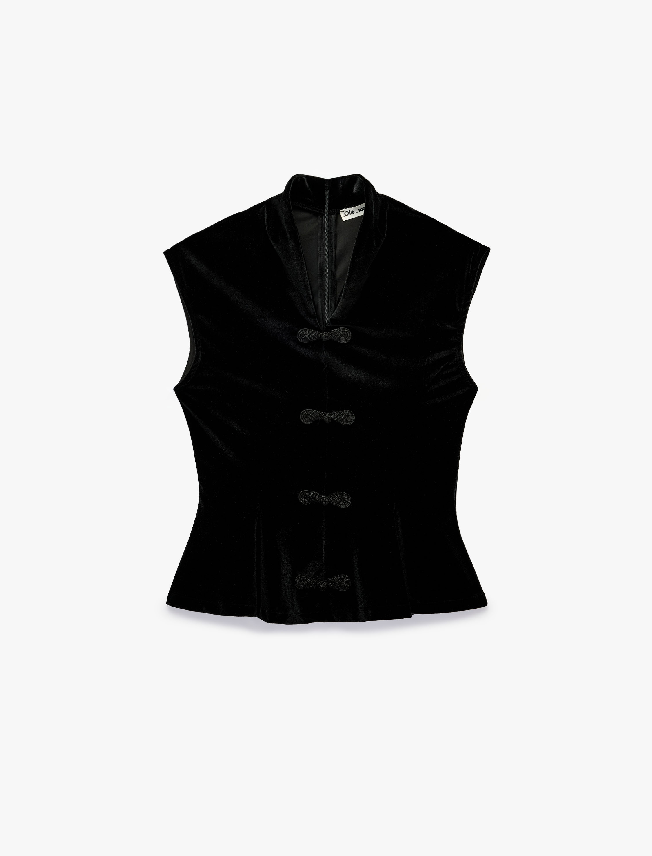   Süslü Düğme Detaylı V Yaka Kolsuz Peplum Kadife Bluz