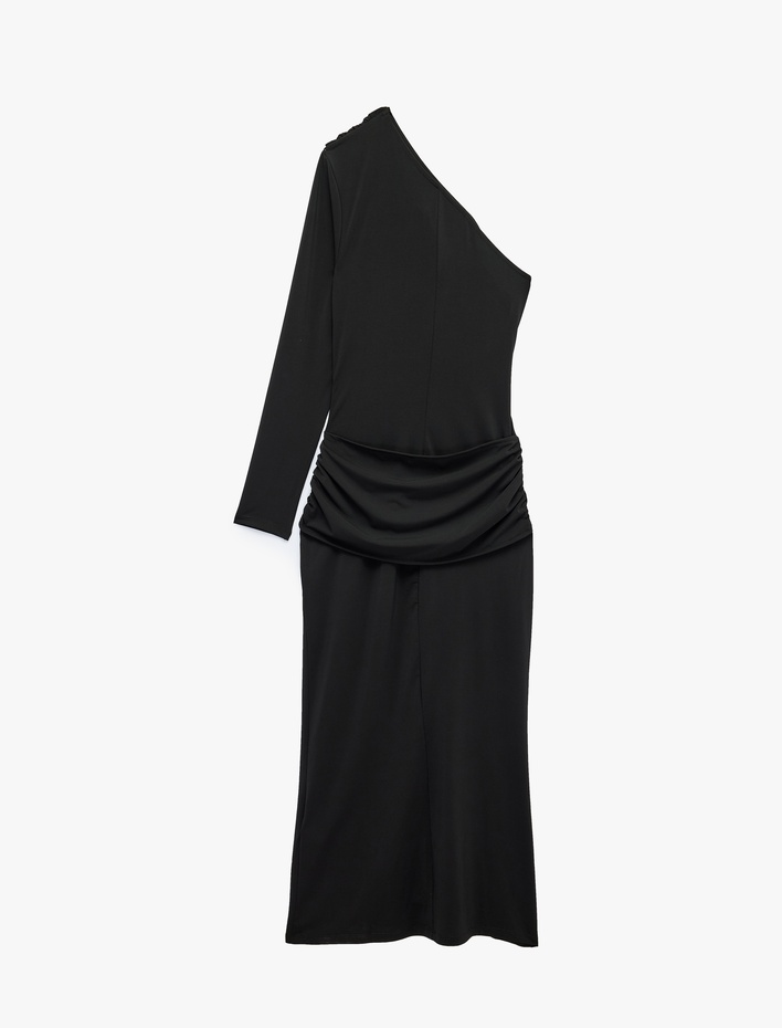  Fiyonklu Drapeli Slim Fit Asimetrik Yaka Tek Omuz Uzun Kollu Maxi Elbise