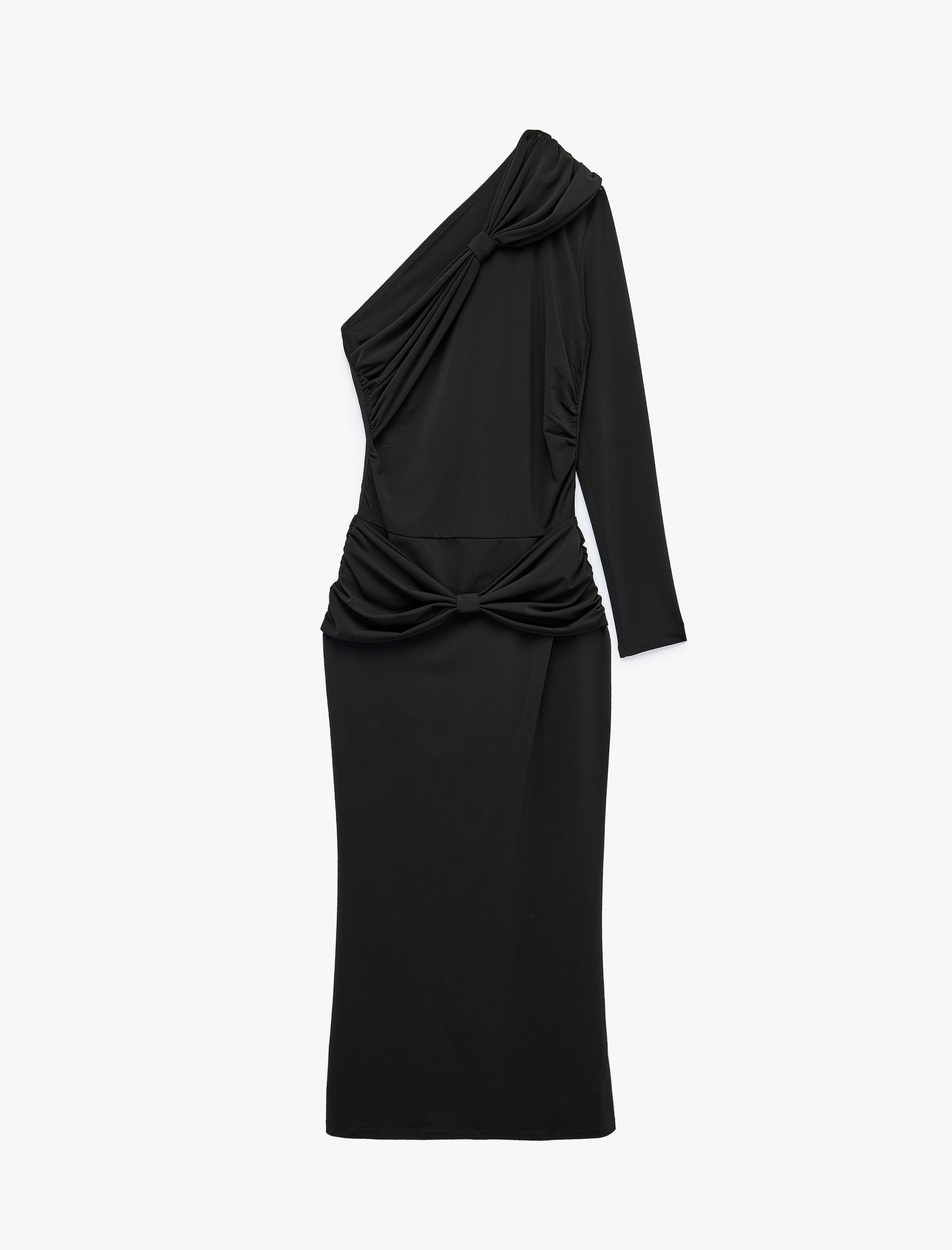   Fiyonklu Drapeli Slim Fit Asimetrik Yaka Tek Omuz Uzun Kollu Maxi Elbise