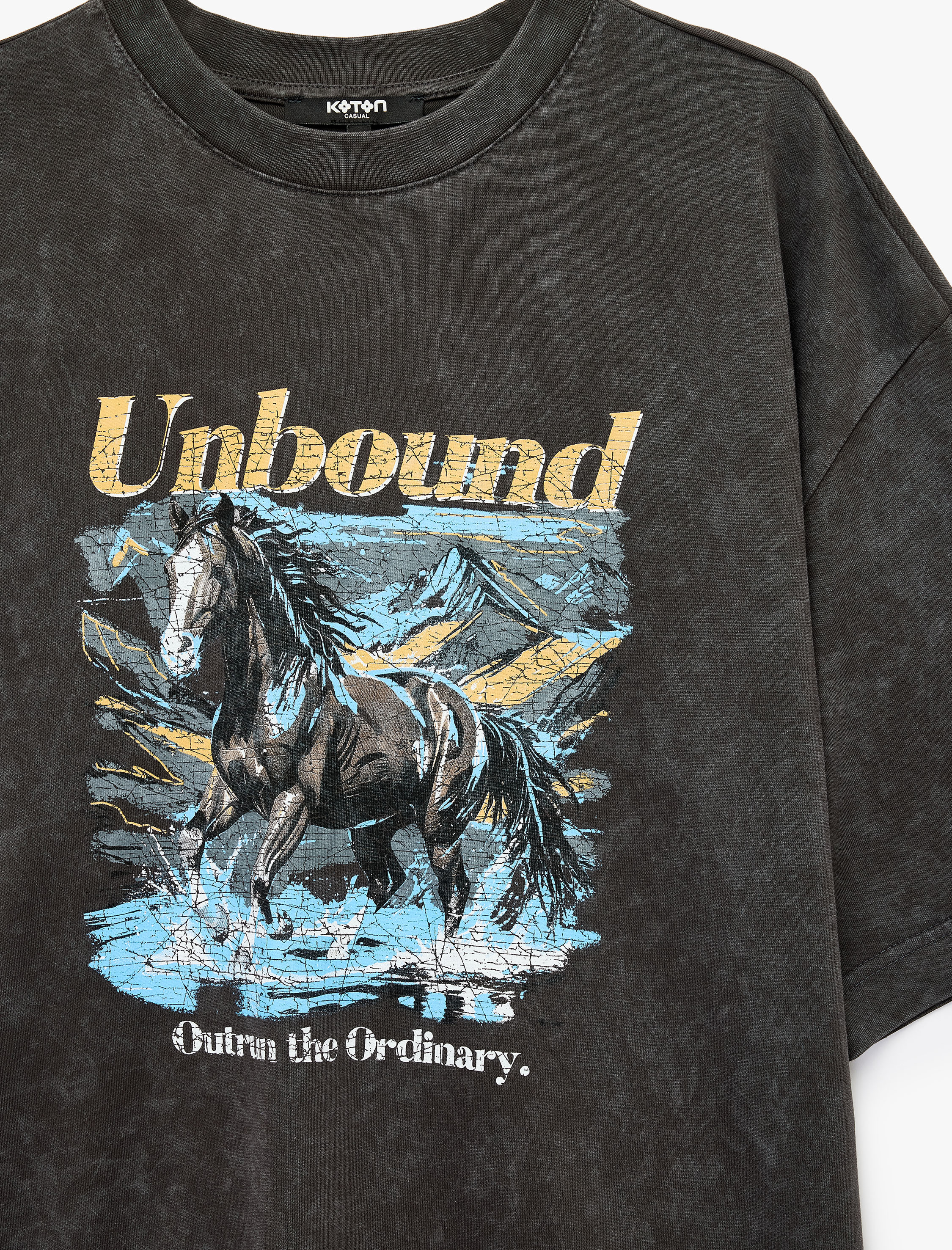   Yıkamalı Pamuklu Kısa Kollu Oversize Bisiklet Yaka Baskılı Tişört