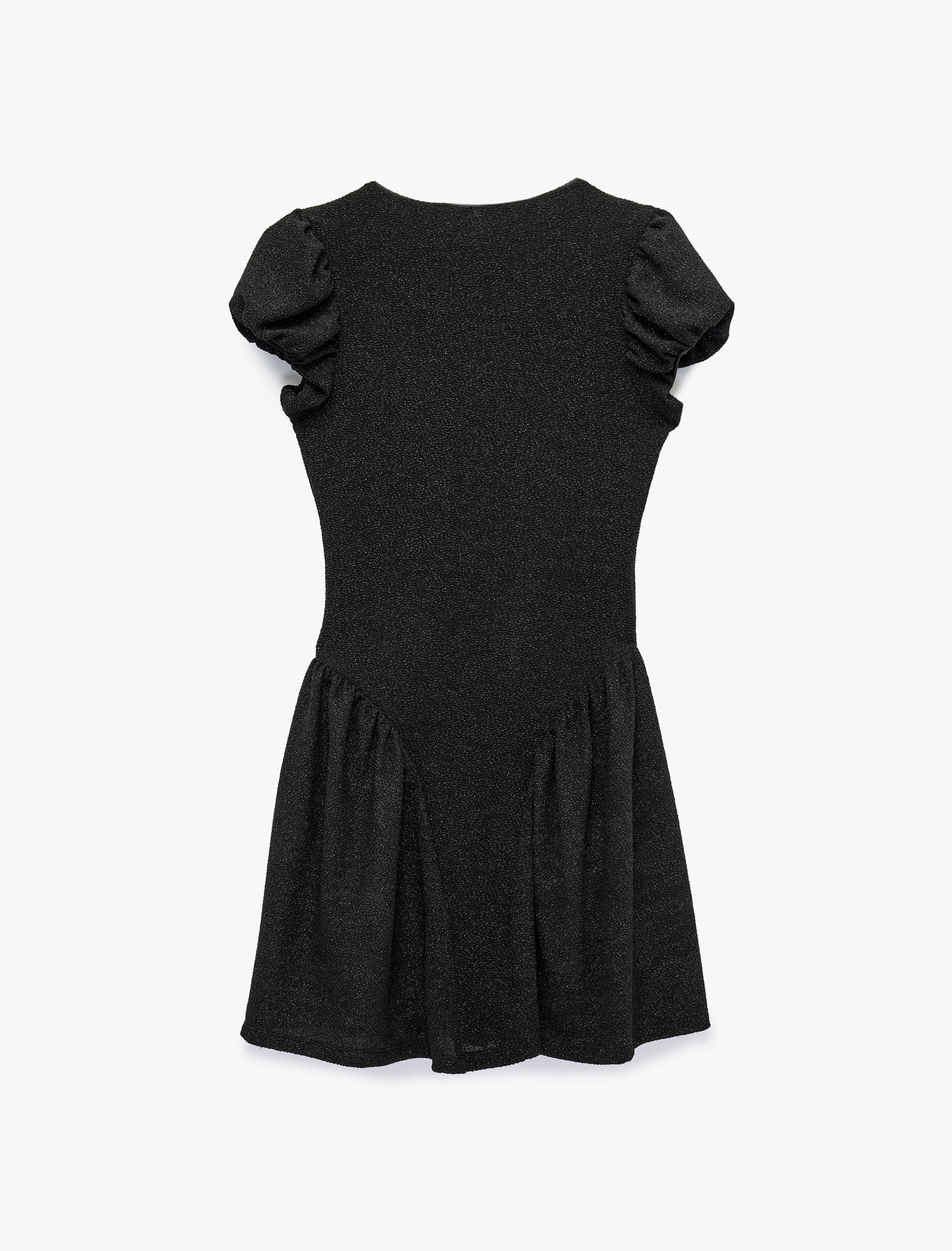   Slim Fit Volanlı Kısa Balon Kol V Yaka Dokulu Mini Elbise