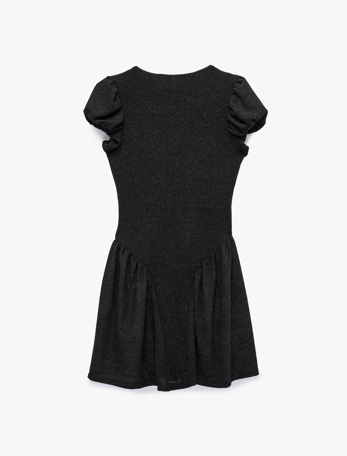  Slim Fit Volanlı Kısa Balon Kol V Yaka Dokulu Mini Elbise