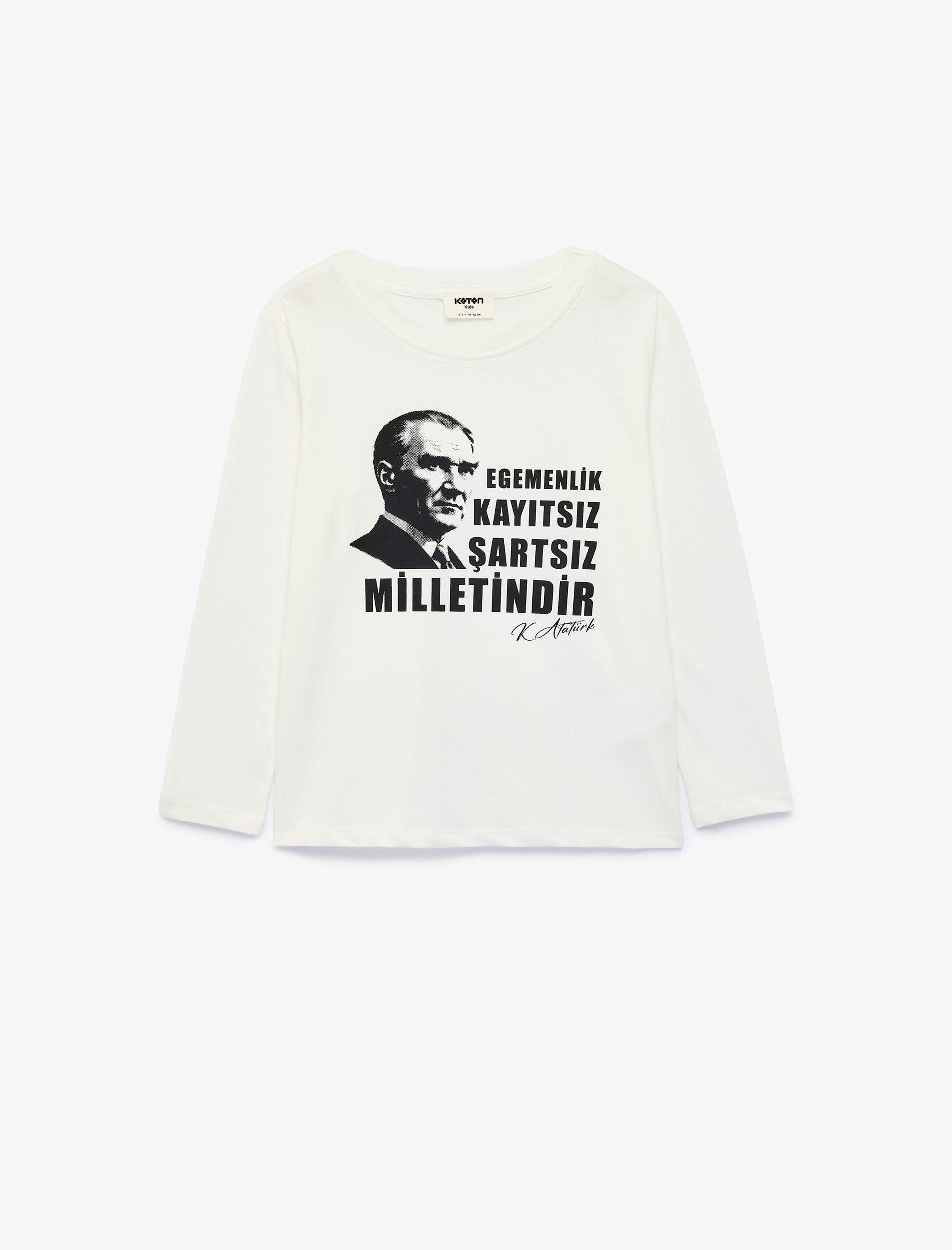  Kız Çocuk Atatürk Baskılı Bisiklet Yaka Uzun Kollu Pamuklu Tişört
