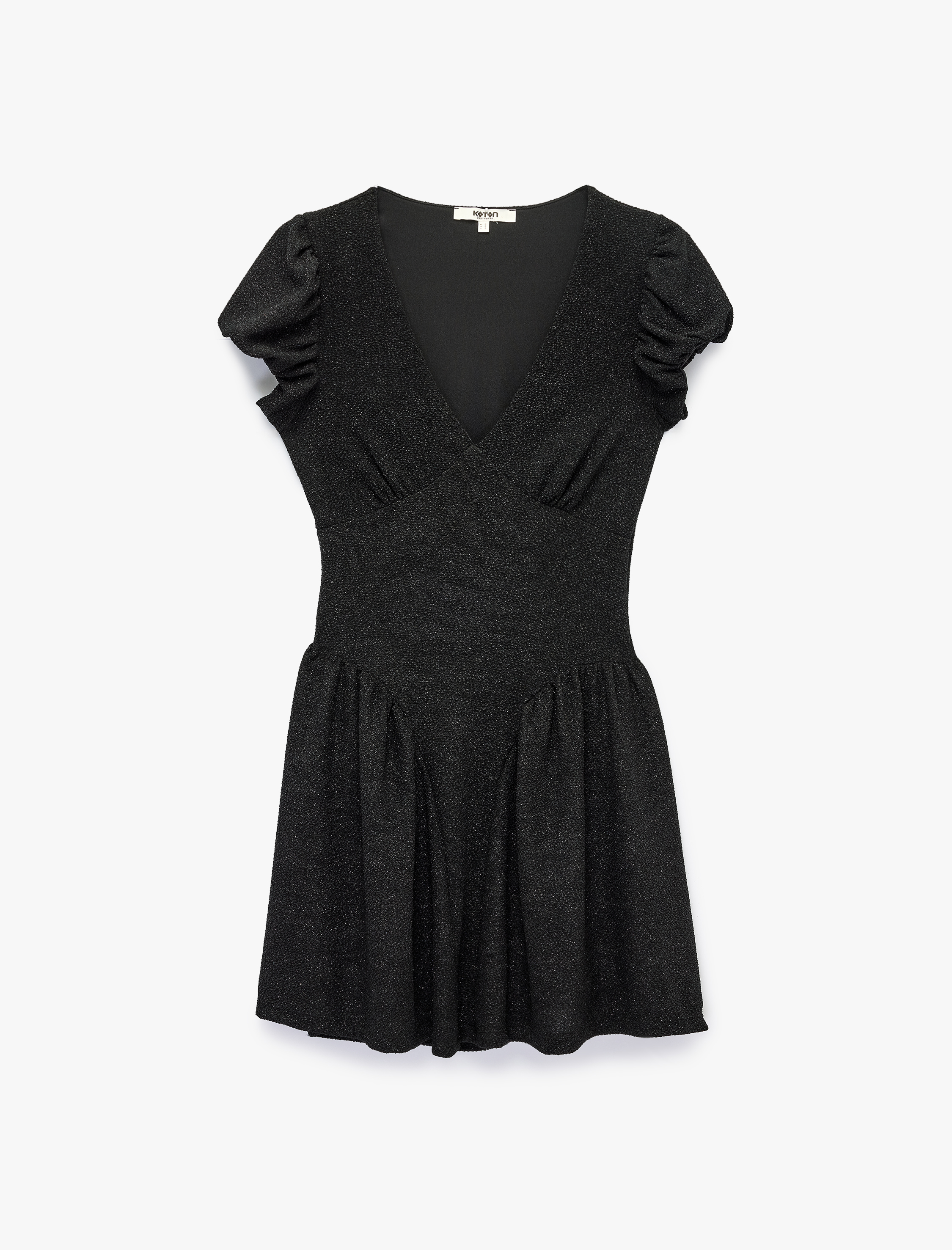   Slim Fit Volanlı Kısa Balon Kol V Yaka Dokulu Mini Elbise