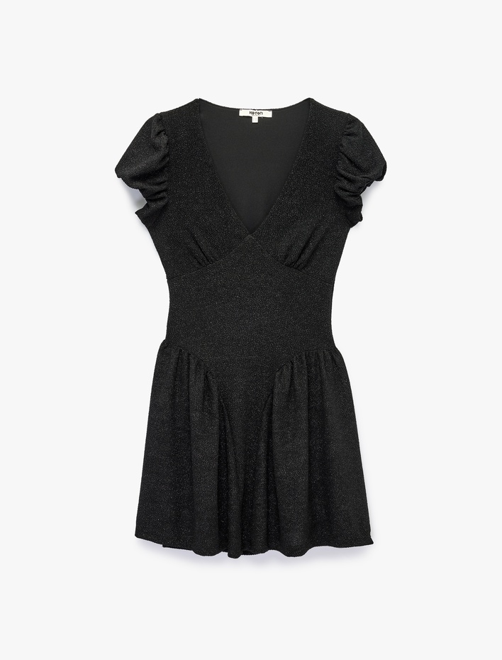  Slim Fit Volanlı Kısa Balon Kol V Yaka Dokulu Mini Elbise
