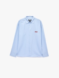 Rahat Kalıp Klasik Yaka Nakışlı Çizgili Uzun Kollu Poplin Gömlek