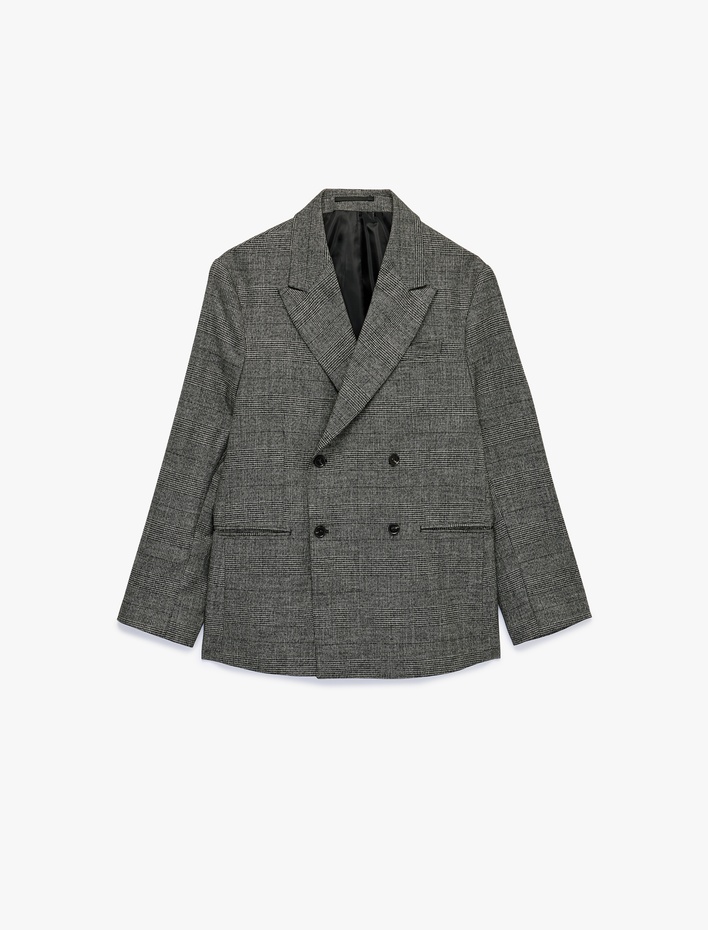  Uzun Kollu Viskon Karışımlı Cepli Düğmeli Kruvaze Yaka Blazer Ceket