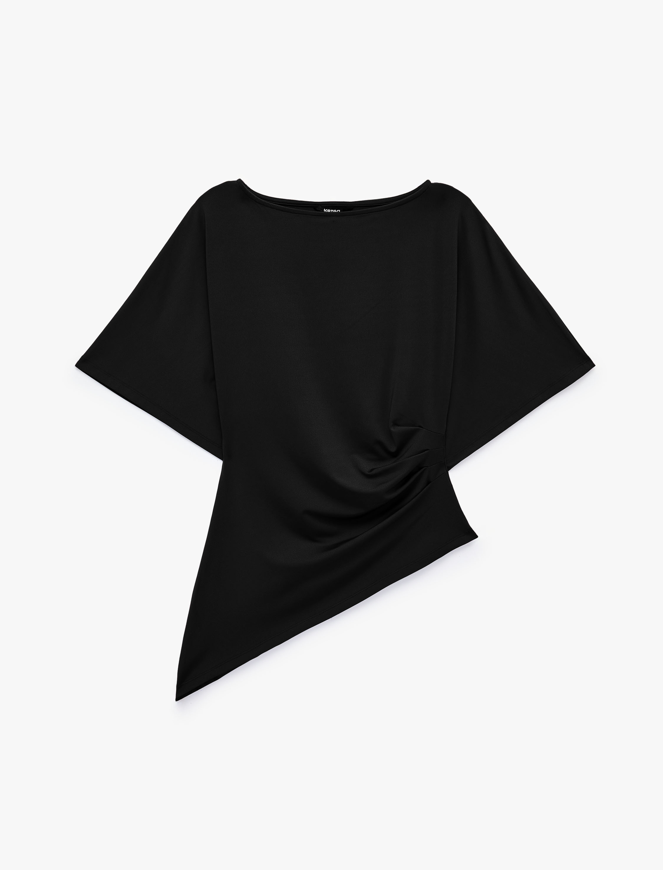   Slim Fit Bisiklet Yaka Kısa Kollu Drapeli Asimetrik Tişört
