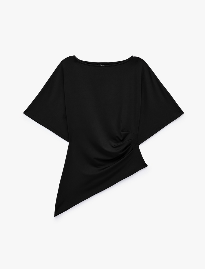  Slim Fit Bisiklet Yaka Kısa Kollu Drapeli Asimetrik Tişört