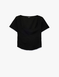 Balenli Slim Fit Korse Detaylı Kare Yaka Kısa Kollu Crop Tişört