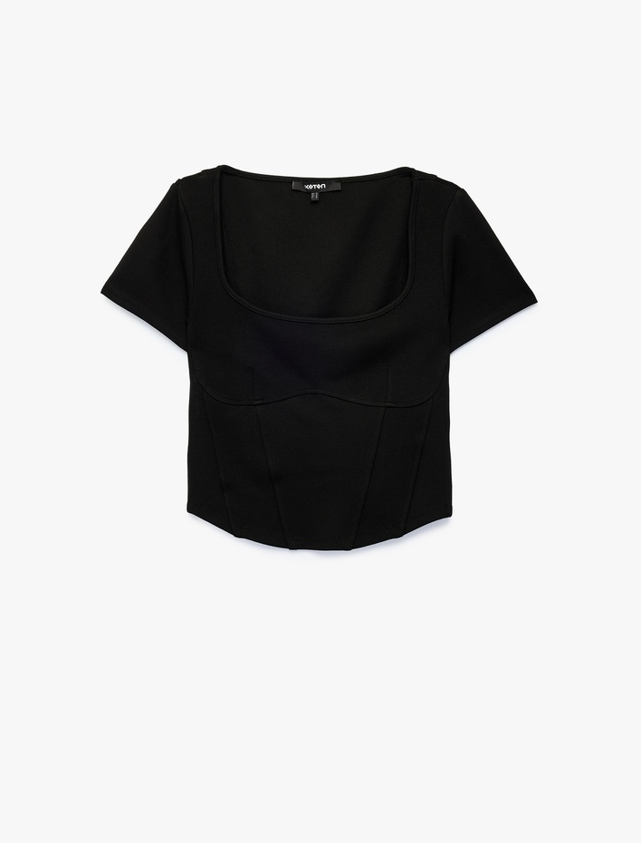  Balenli Slim Fit Korse Detaylı Kare Yaka Kısa Kollu Crop Tişört