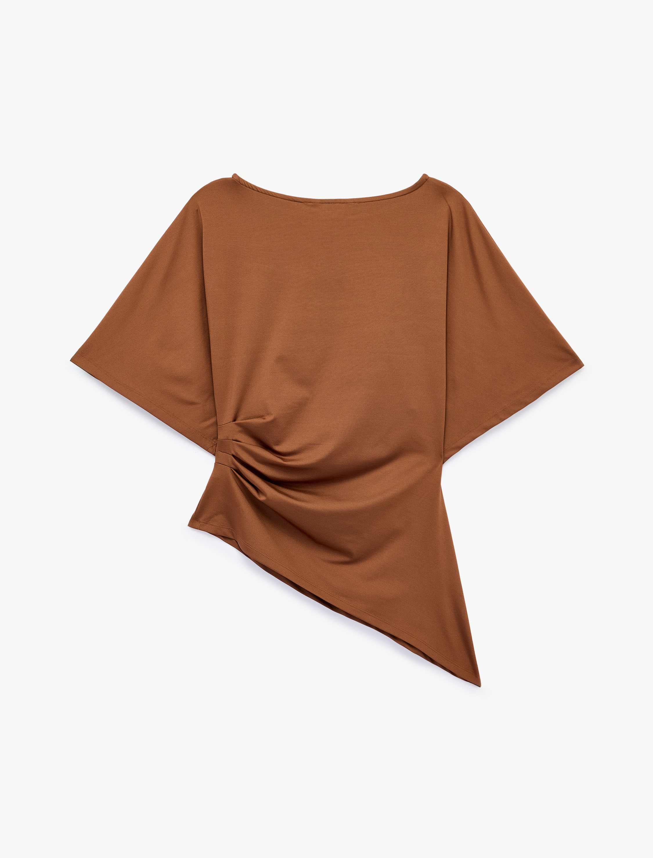   Slim Fit Bisiklet Yaka Kısa Kollu Drapeli Asimetrik Tişört