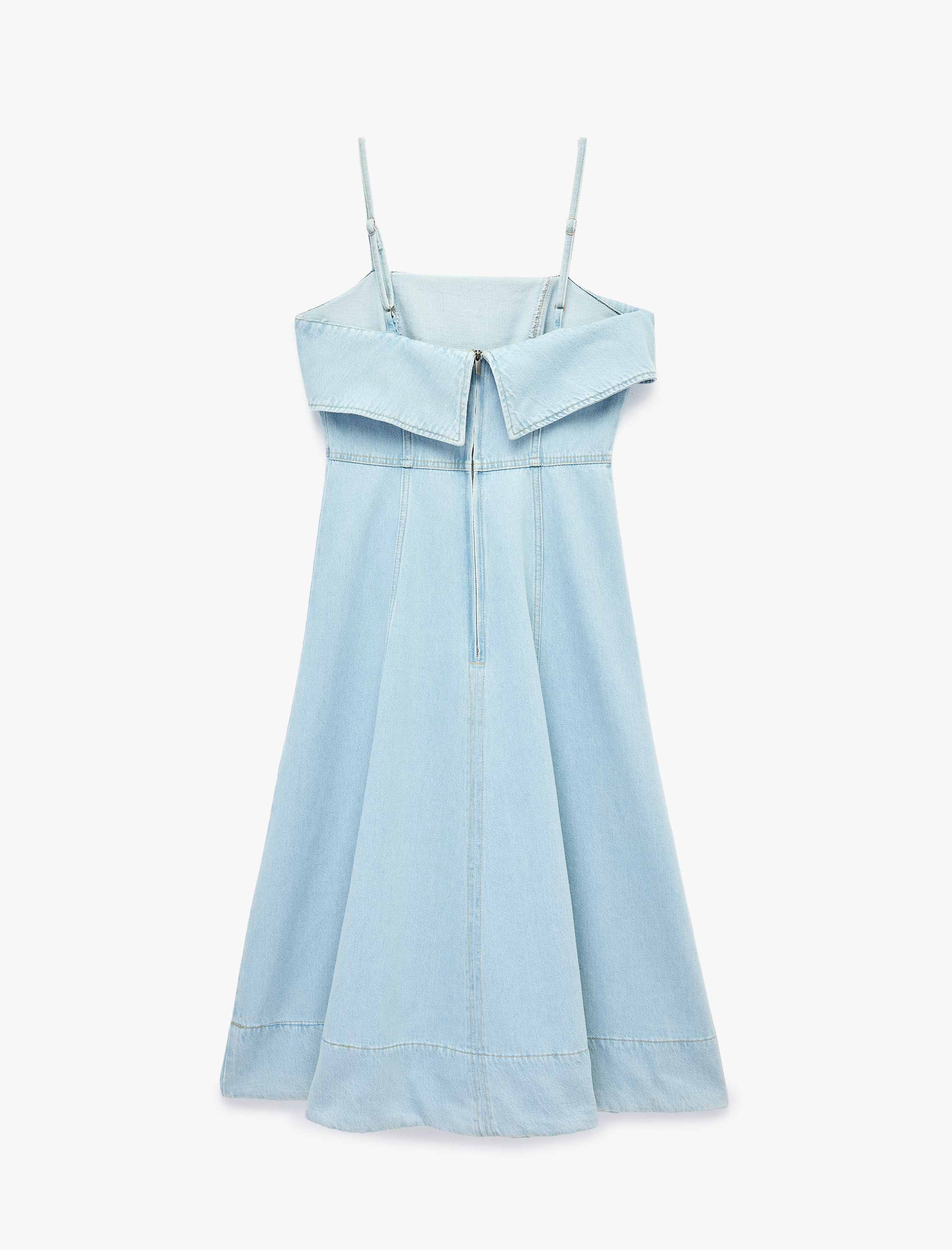   Yakası Katlı İp Askılı Volanlı Uzun Denim Elbise