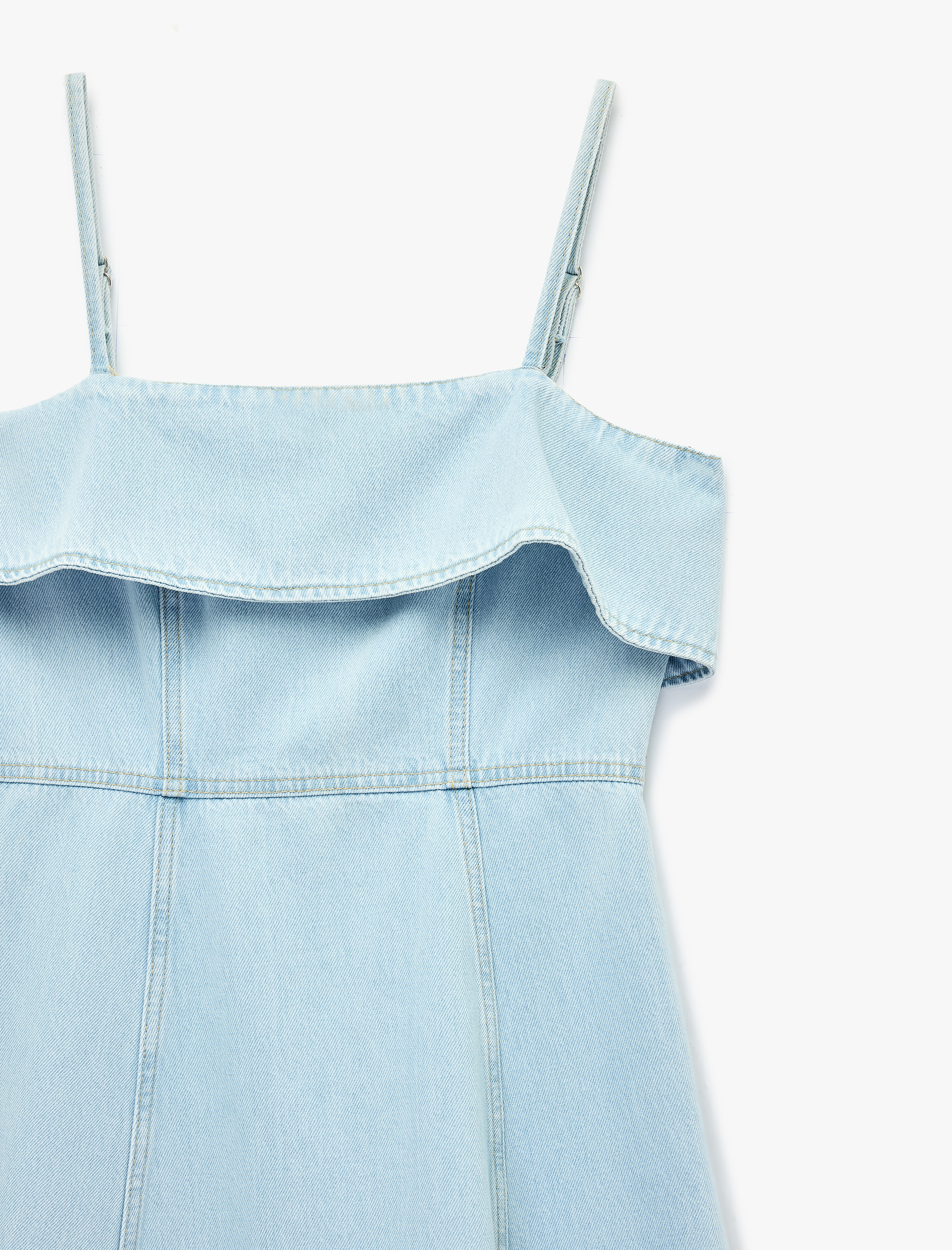   Yakası Katlı İp Askılı Volanlı Uzun Denim Elbise
