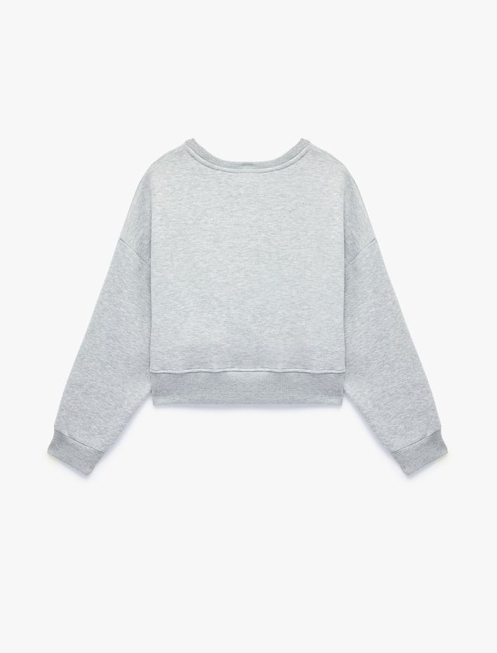  Şardonlu Nakışlı Rahat Kalıp Uzun Kollu Bisiklet Yaka Crop Spor Sweatshirt