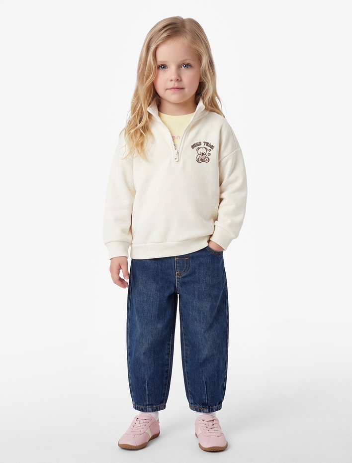 Kız Bebek Sweatshirt Dik Yaka Uzun Kollu Yarım Fermuarlı Baskı Detaylı Şardonlu