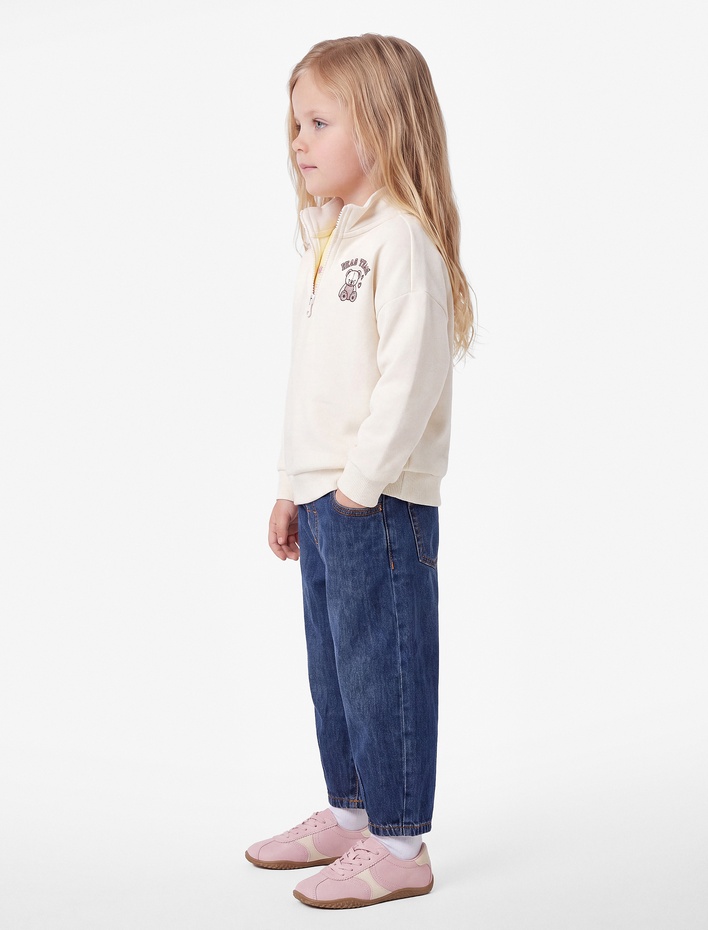 Kız Bebek Sweatshirt Dik Yaka Uzun Kollu Yarım Fermuarlı Baskı Detaylı Şardonlu
