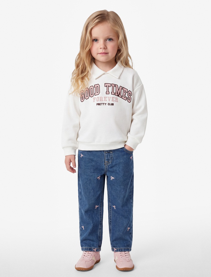 Kız Bebek Uzun Kollu Pamuklu Şardonlu Polo Yaka Sweatshirt Şardonlu