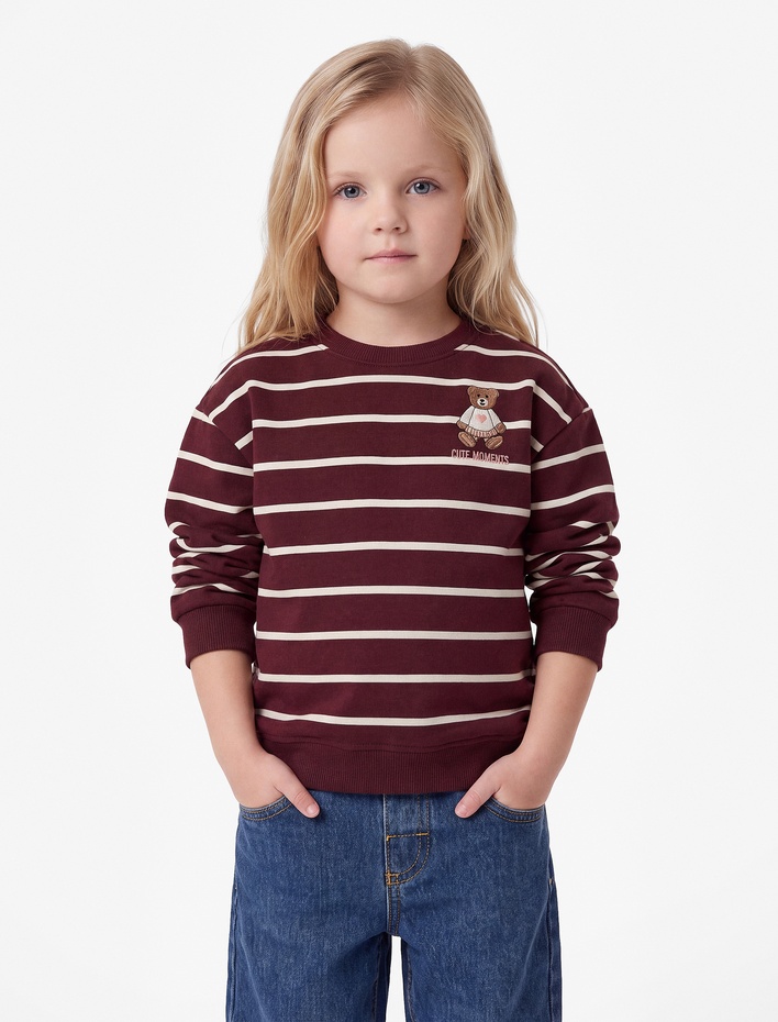 Kız Bebek Şardonlu Ayıcık Baskılı Uzun Kollu Bisiklet Yaka Çizgili Sweatshirt