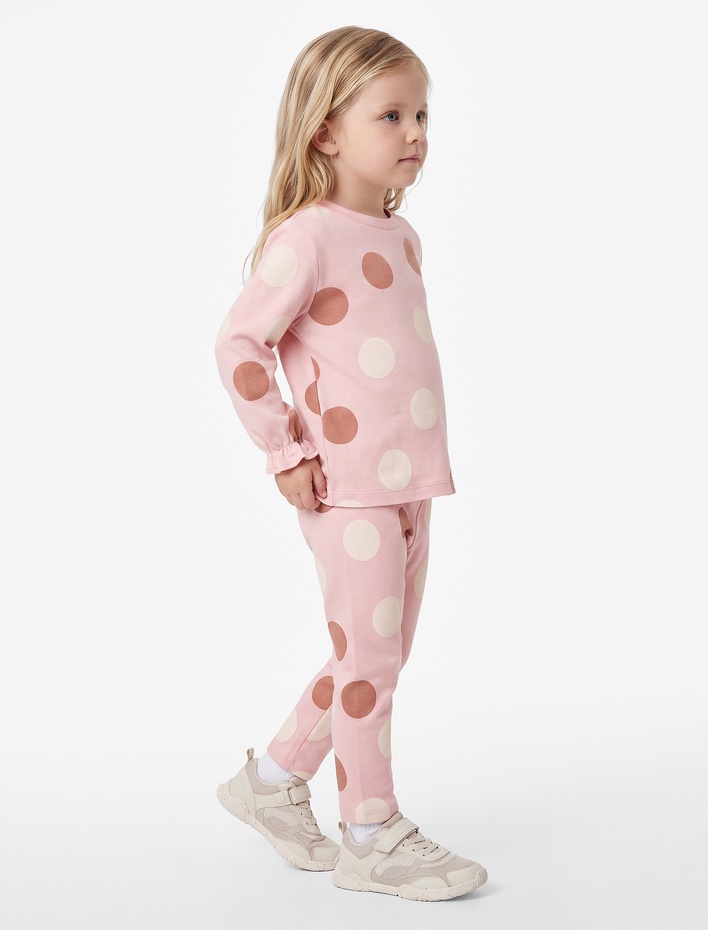 Kız Bebek Puantiyeli Pamuklu Uzun Kollu Bisiklet Yaka Pijama Takımı