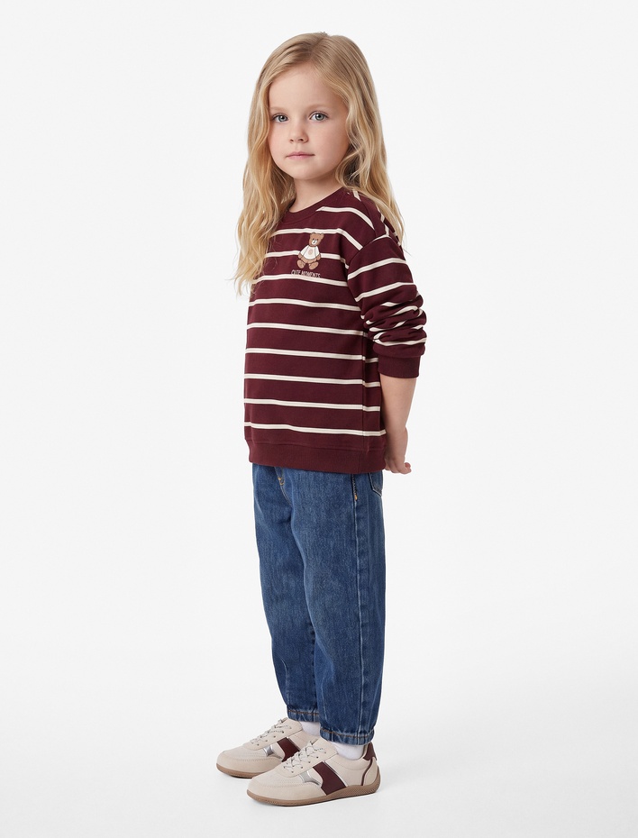 Kız Bebek Şardonlu Ayıcık Baskılı Uzun Kollu Bisiklet Yaka Çizgili Sweatshirt