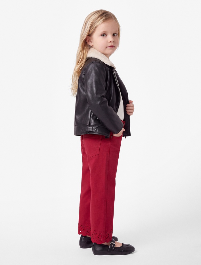 Kız Bebek Beli Ayarlanabilir Lastikli Cepli Pamuklu Gabardin Brodeli Geniş Paça Pantolon