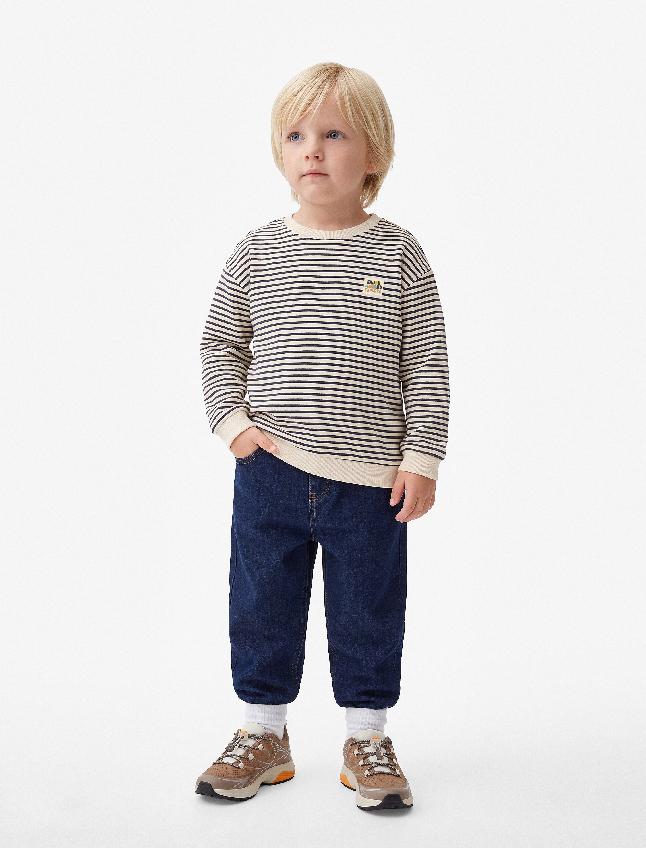  Erkek Bebek Pamuklu Bisiklet Yaka Uzun Kollu Çizgili Oversize Sweatshirt