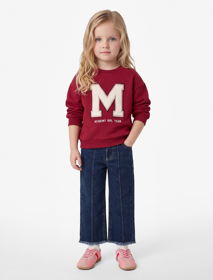 Kız Bebek Bisiklet Yaka Baskılı Aplike Detaylı Uzun Kollu Sweatshirt