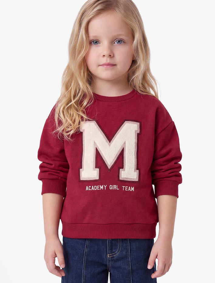 Kız Bebek Bisiklet Yaka Baskılı Aplike Detaylı Uzun Kollu Sweatshirt