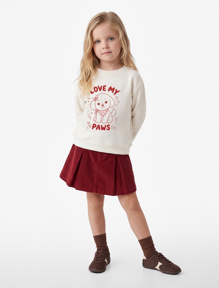 Kız Bebek Bisiklet Yaka Uzun Kollu Köpek Baskılı Sweatshirt