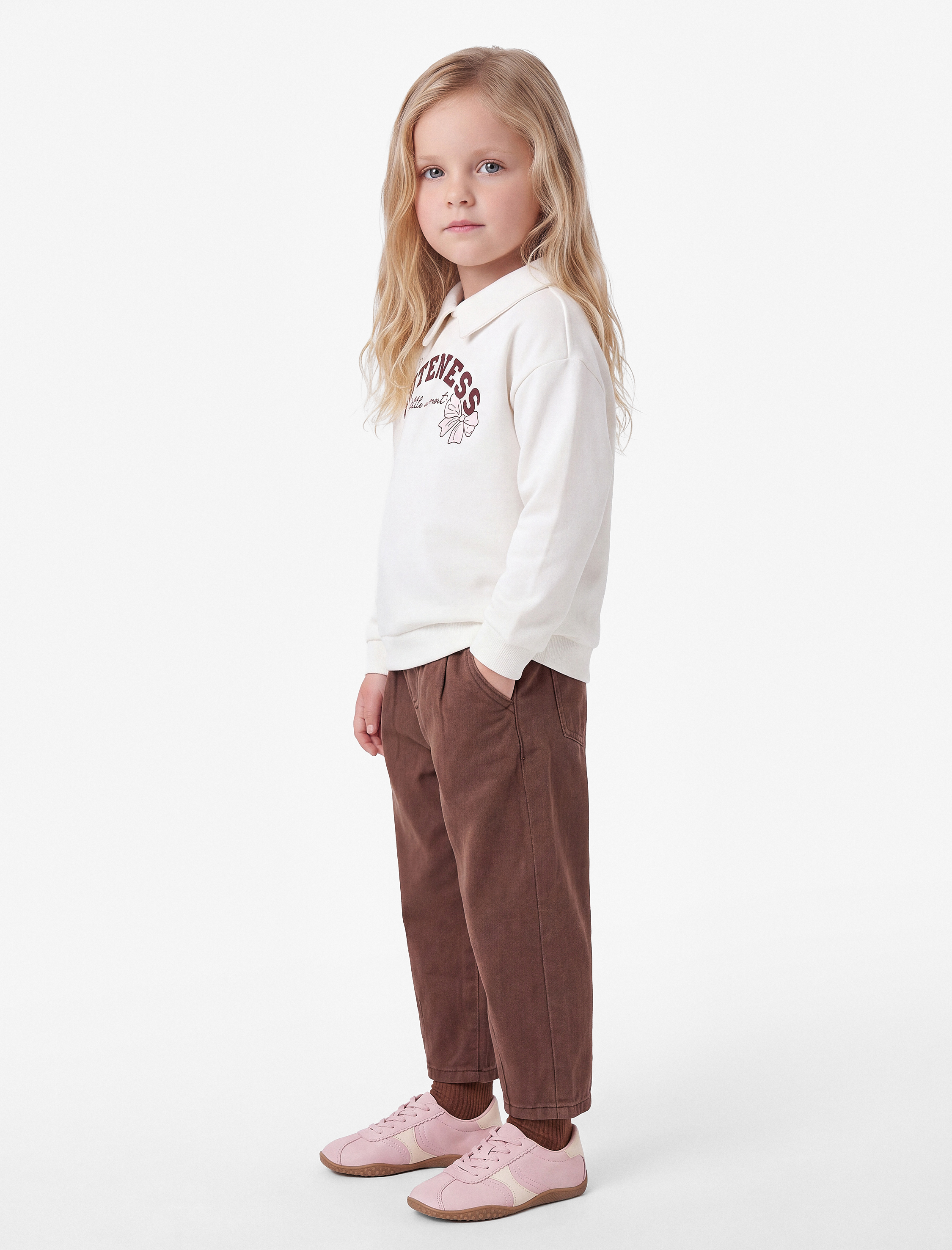  Kız Bebek Uzun Kollu Üç İplik Şardonlu Fiyonk Baskılı Polo Yaka Sweatshirt