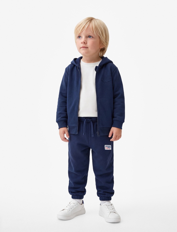 Erkek Bebek Cepli Üç İplik Şardonlu Etiket Baskılı Beli Lastikli Jogger Eşofman Altı